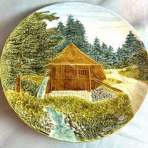 German Majolica Bas Relief Mill Trees & Chalet Pine Trees Plate Wall Hangings